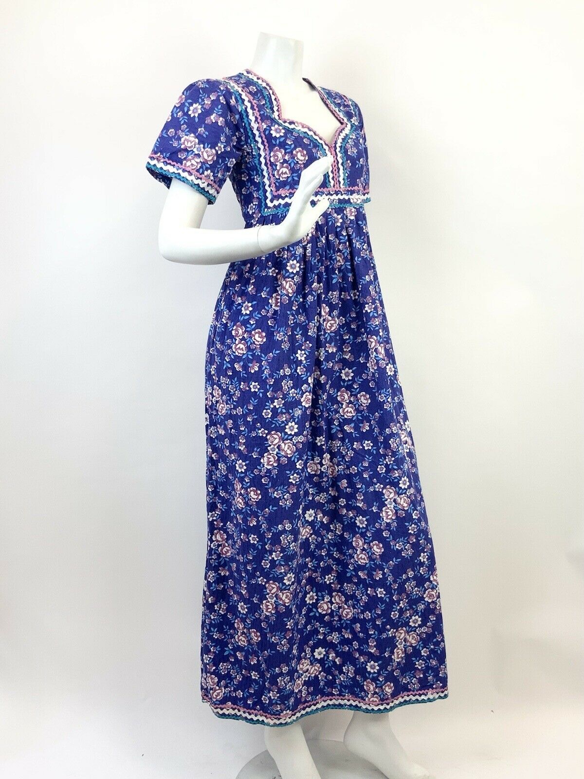 VTG 60s 70s PURPLE BLUE PINK WHITE RICRAC FLORAL PRAIRIE BOHO FOLK MAXI DRESS 10