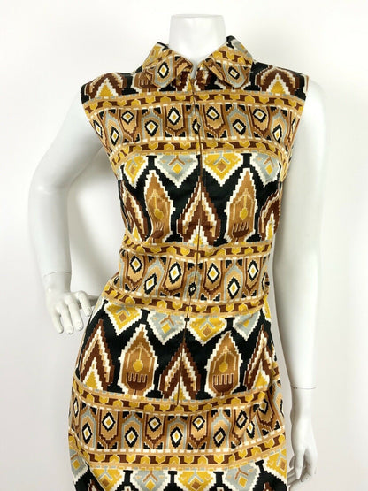 VINTAGE 60s 70s BROWN BRONZE GOLD BLACK WHITE AZTEC GEOMETRIC DRESS 12 14 16