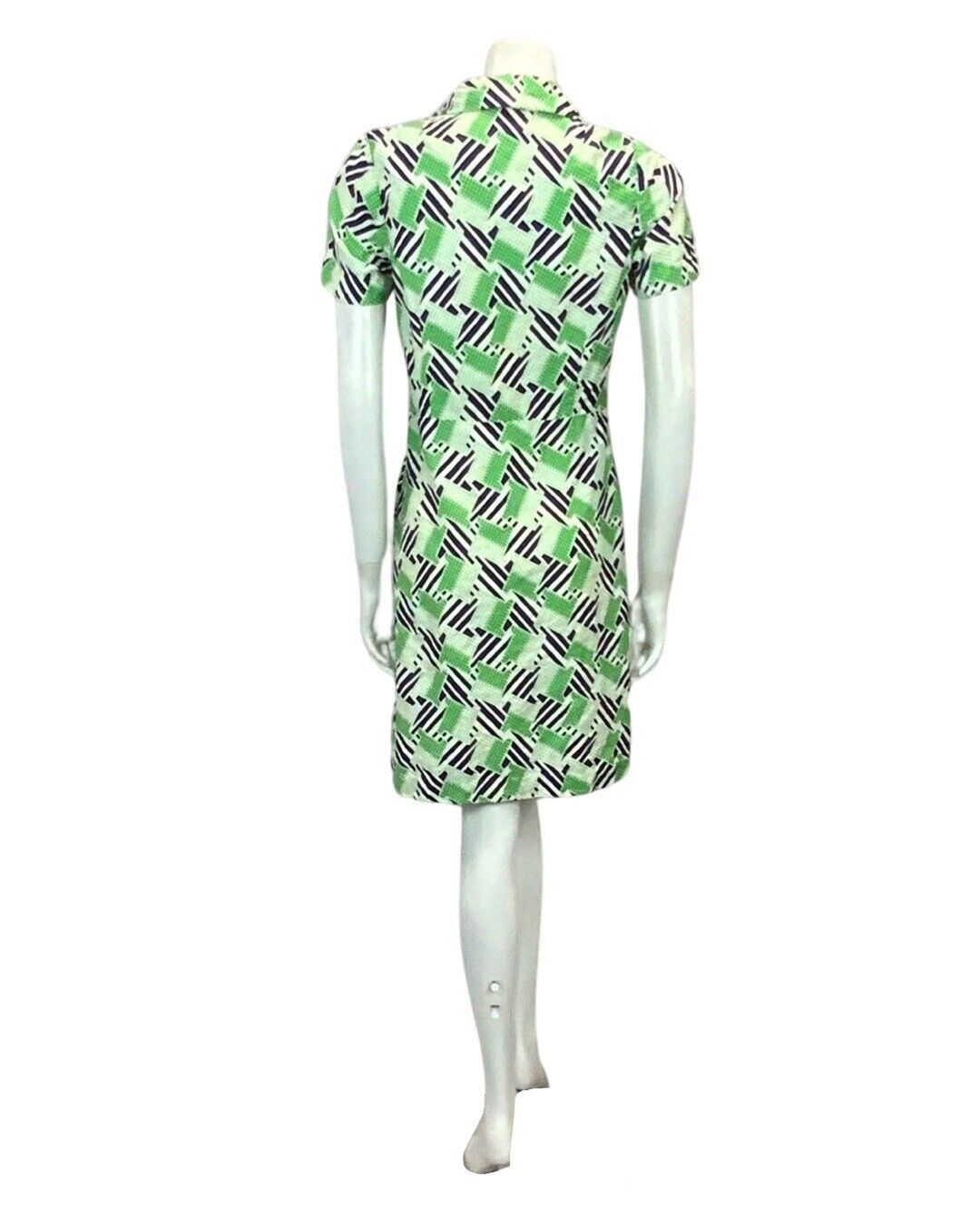 VINTAGE 60s 70s WHITE NAVY BLUE GREEN POLKA DOT PRINT MOD MINI SHIRT DRESS 10