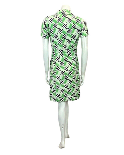 VINTAGE 60s 70s WHITE NAVY BLUE GREEN POLKA DOT PRINT MOD MINI SHIRT DRESS 10