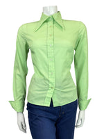 VINTAGE 60s 70s LIME GREEN MOD FRENCH CUFF DAGGER COLLAR SHIRT 10