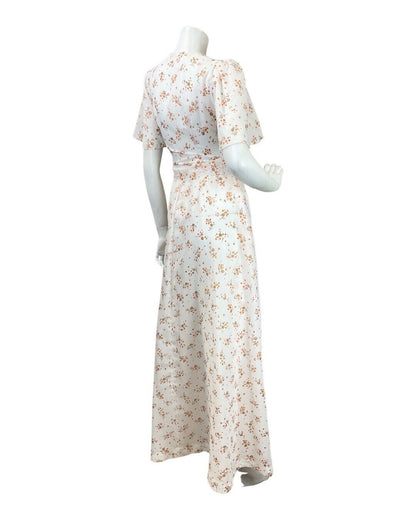 VINTAGE 60s 70s WHITE ORANGE BROWN FLORAL DITSY PRAIRIE BOHO MAXI DRESS 12 14