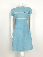 VTG 60s 70s BABY BLUE WHITE COTTON LINEN BLANKET STITCH PRINCESS LINE DRESS 10