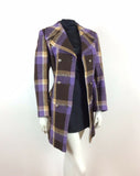 VTG 60s 70s DOUBLE-BREASTED PURPLE CREAM BROWN PLAID CHECK WOOL COAT 12 14 16