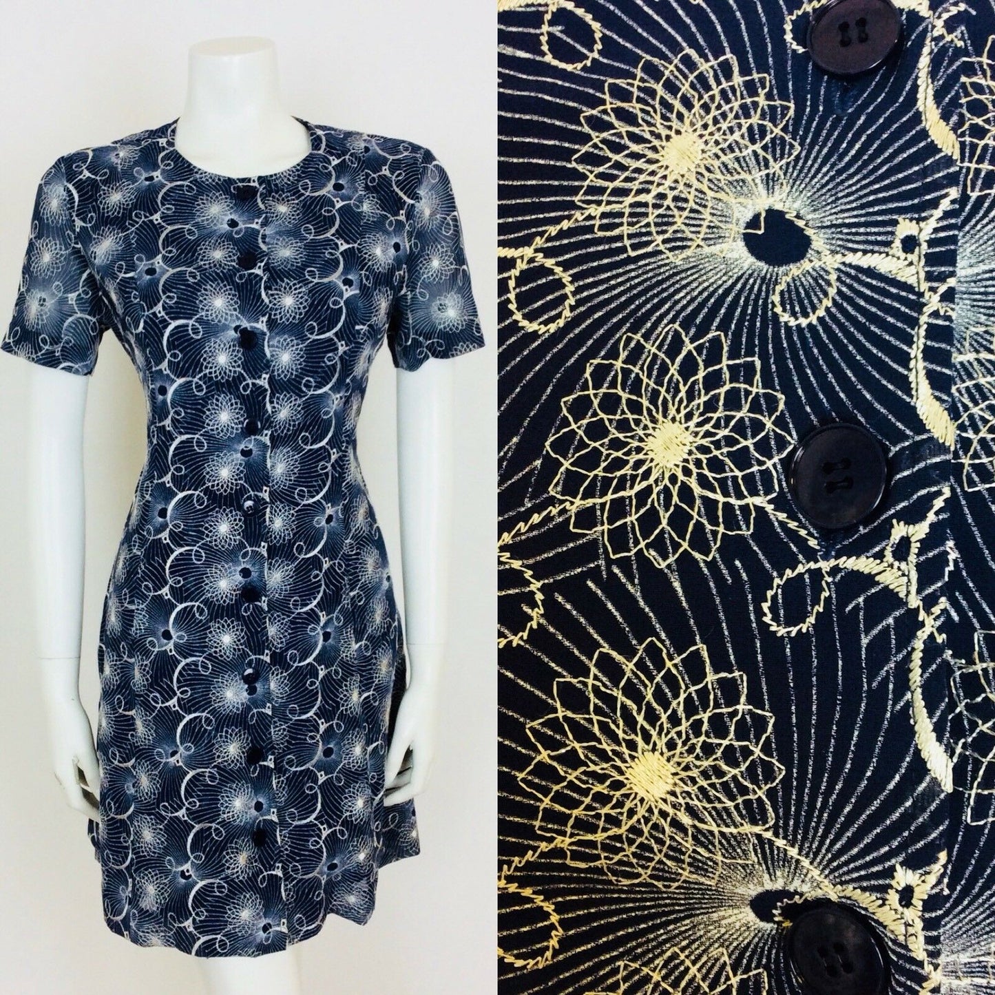 VINTAGE 1960S NAVY BLUE WHITE EMBROIDERED FLORAL SPIROGRAPH DRESS 10 12