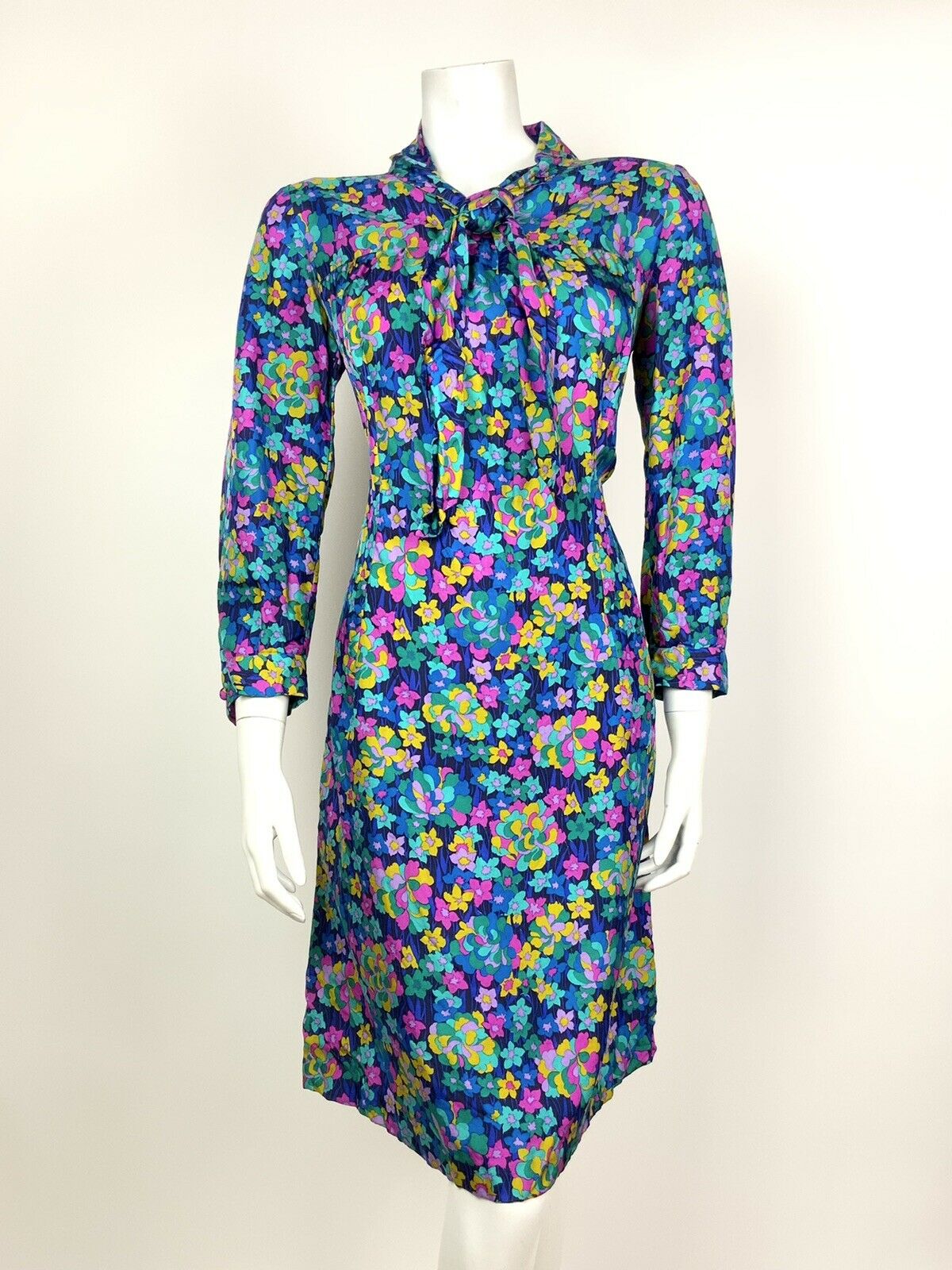 VTG 60s 70s BLUE YELLOW PINK GREEN PSYCHEDELIC FLORAL EMPIRE LINE DRESS 12 14