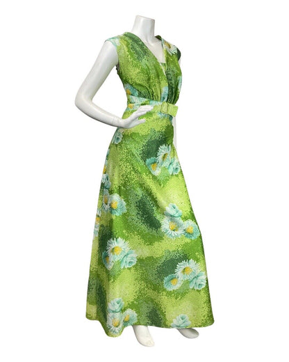 VINTAGE 60s 70s LIME GREEN WHITE DOTTY DAISY FLOWER SLEEVELESS MAXI DRESS 14 16