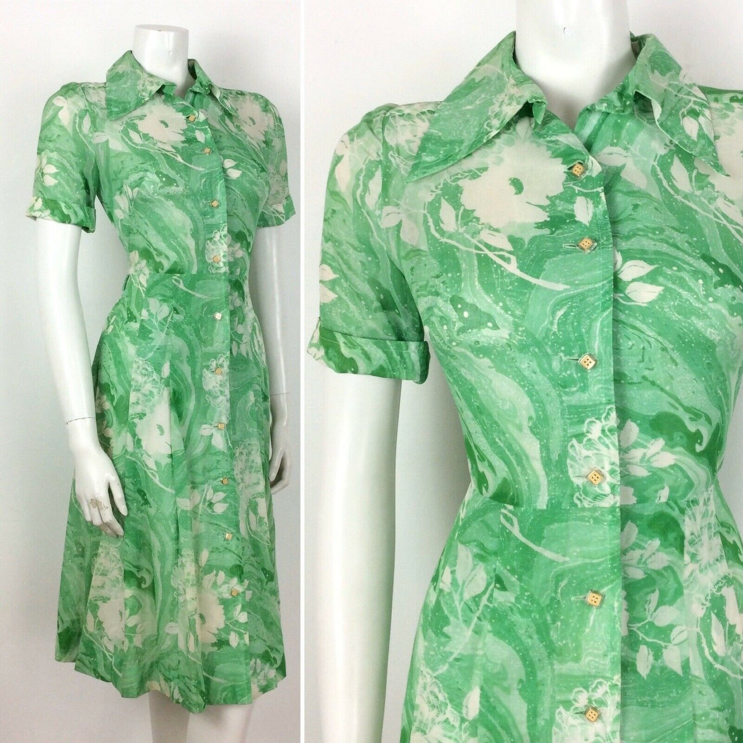 VINTAGE 60s 70s GREEN WHITE SWIRL PSYCHEDELIC SHIRT TEA DRESS 10 12