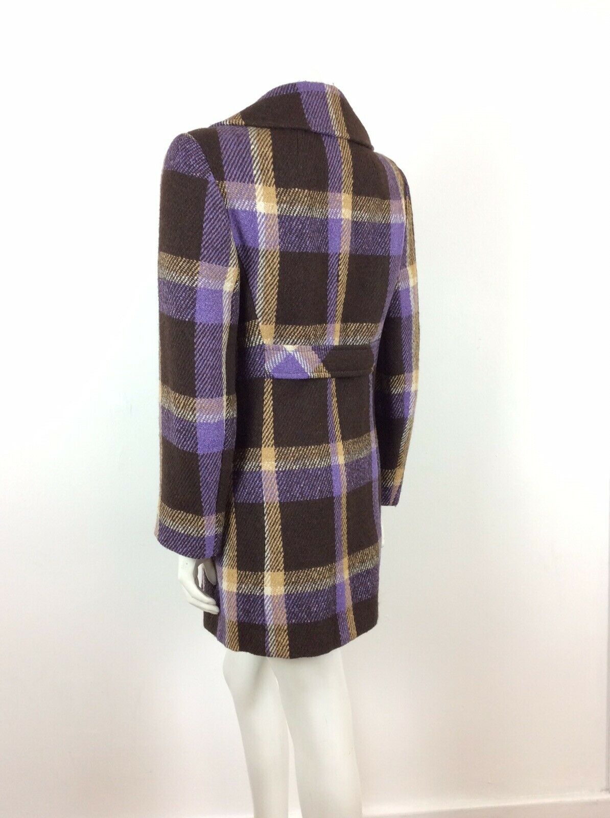 VTG 60s 70s DOUBLE-BREASTED PURPLE CREAM BROWN PLAID CHECK WOOL COAT 12 14 16