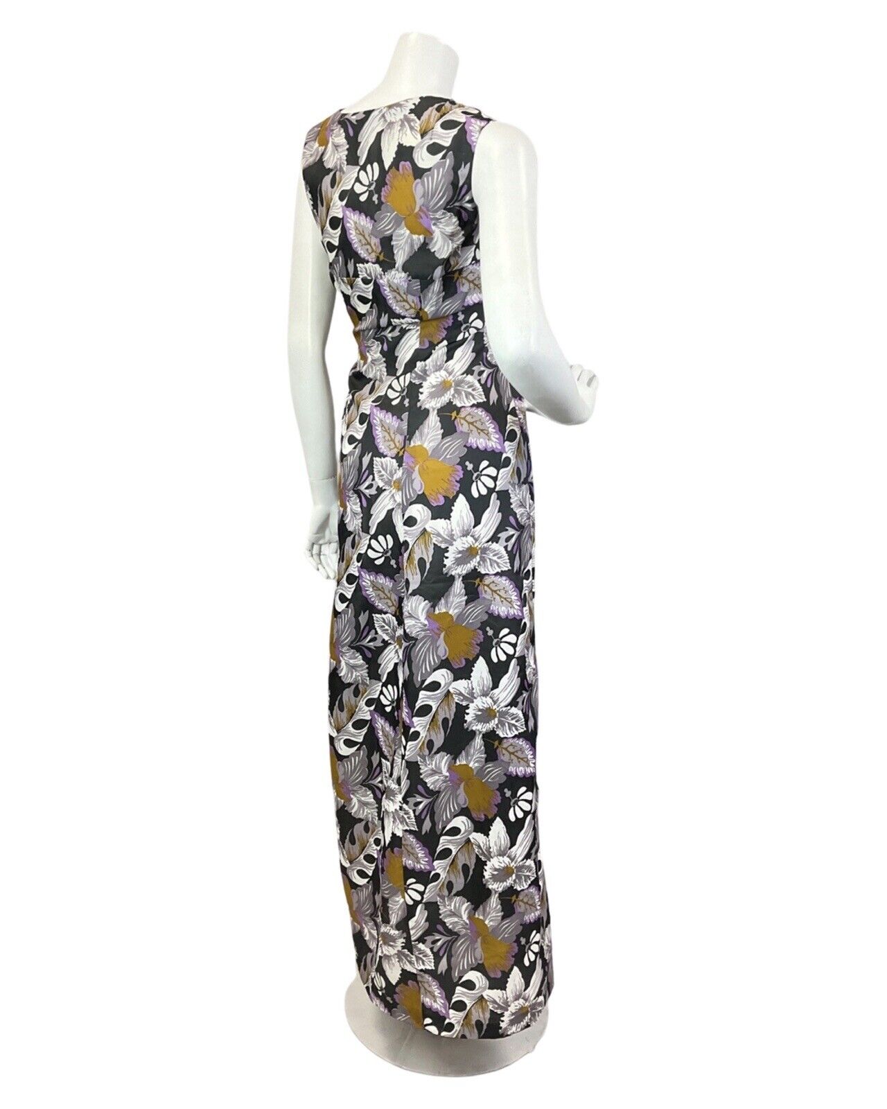 VINTAGE 60s 70s GREY BLACK PURPLE FLORAL LEAFY SLEEVELESS MAXI DRESS 16