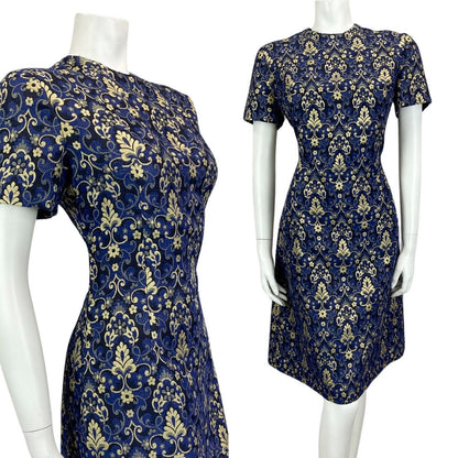 VINTAGE 60s 70s BLUE NAVY GOLD FLORAL MOD MINI PARTY CHRISTMAS EVENING DRESS 14