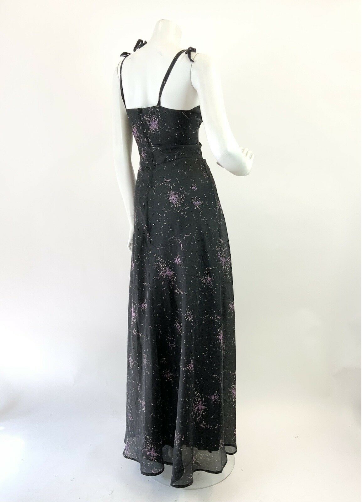 VINTAGE 60s 70s BLACK CREAM PINK ABSTRACT FLORAL SPAGHETTI STRAP MAXI DRESS 8