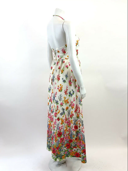 VINTAGE 60s 70s WHITE PINK BLUE ORANGE FLORAL POPPY GARDEN HALTER MAXI DRESS 4 6