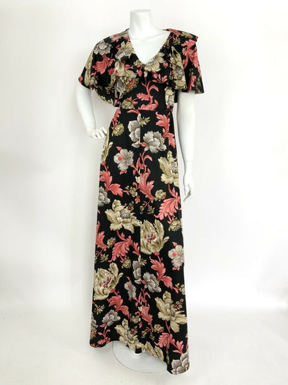 VTG 60s 70s BLACK BEIGE GREY PINK ART NOUVEAU FLORAL RUFFLE CAPE MAXI DRESS 10