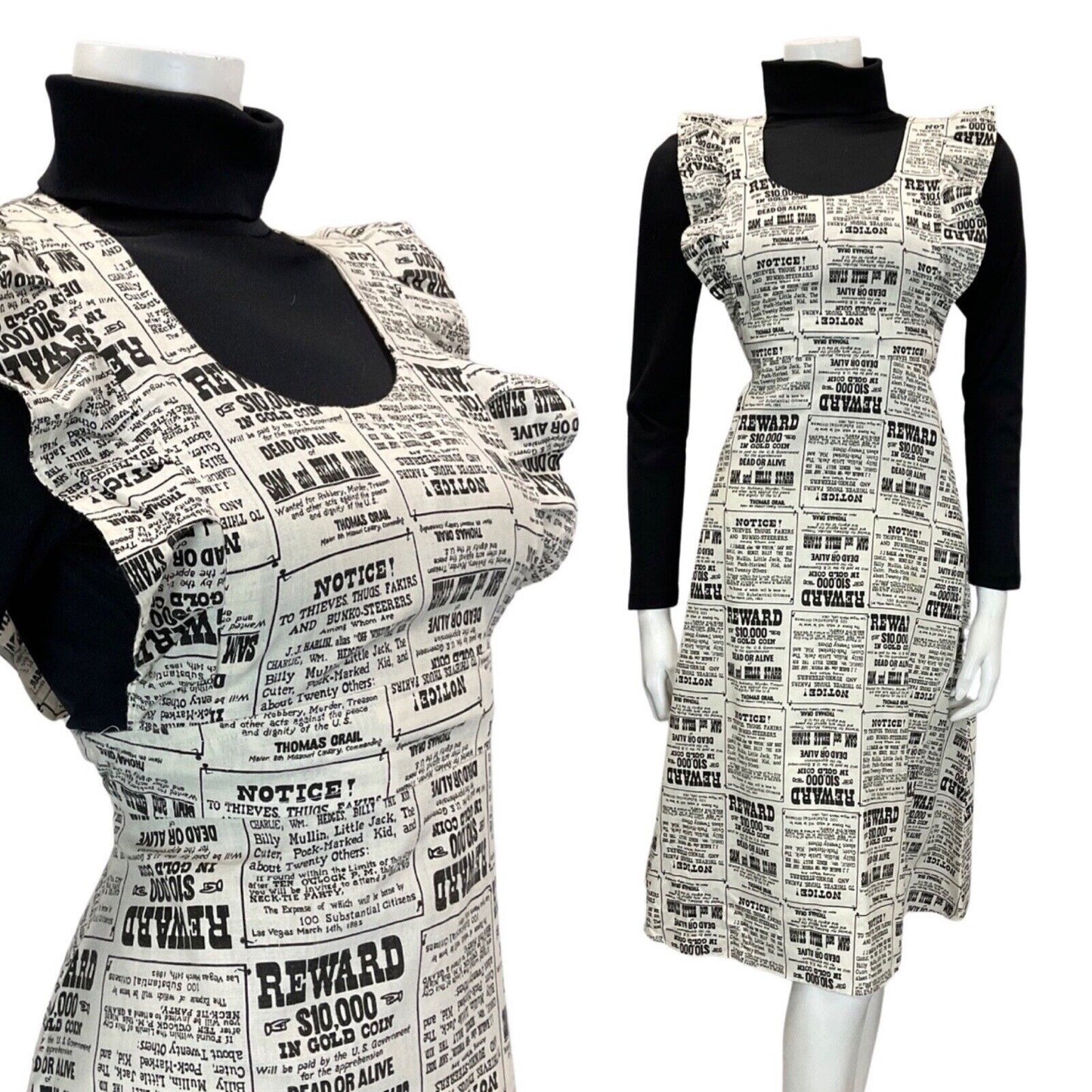 VINTAGE 60s 70s WHITE BLACK NEWSPAPER WANTED POSTER APRON PINAFORE DRESS 10 12