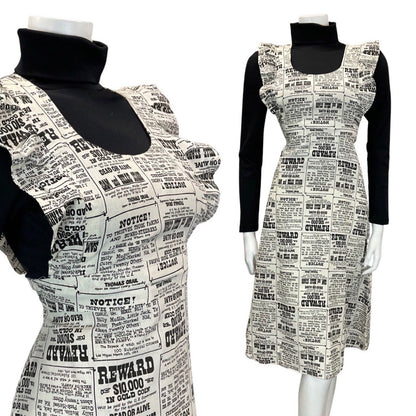 VINTAGE 60s 70s WHITE BLACK NEWSPAPER WANTED POSTER APRON PINAFORE DRESS 10 12