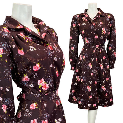 VINTAGE 60S 70S DRAK PURPLE PINK FLORAL BOHO MOD MIDI DRESS 12 14