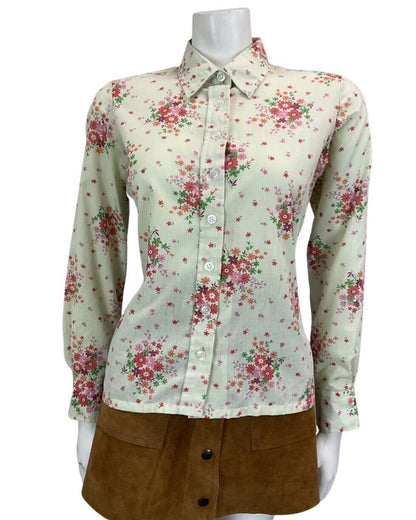 VINTAGE 60s 70s LIGHT SAGE GREEN PINK RED FLORAL PRINT COTTON SHIRT 12