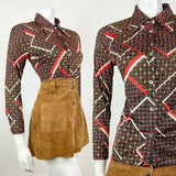 VTG 60s 70s BLACK WHITE RED GEOMETRIC STRIPED DOTTY DAGGER SHIRT BLOUSE 10 12