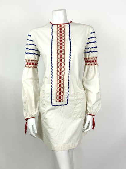 VTG 60s 70s CREAM RED BLUE RIC RAC CROCHET FOLK COTTON MINI SHIFT DRESS 12 14