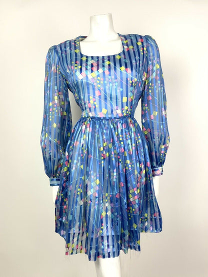 VINTAGE 60s 70s METALLIC BLUE WHITE PINK YELLOW STRIPED SQUARE SHEER DRESS 10