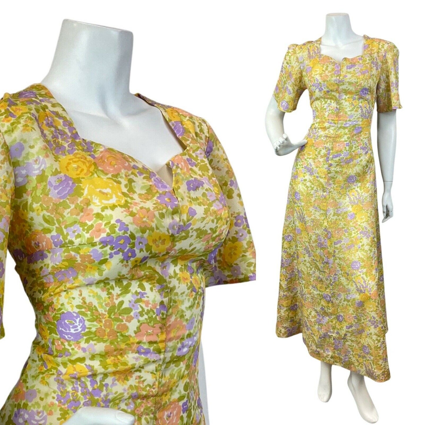 VINTAGE 60s 70s YELLOW GREEN LILAC GARDEN FLORAL DITSY SWEETHEART MAXI DRESS 10