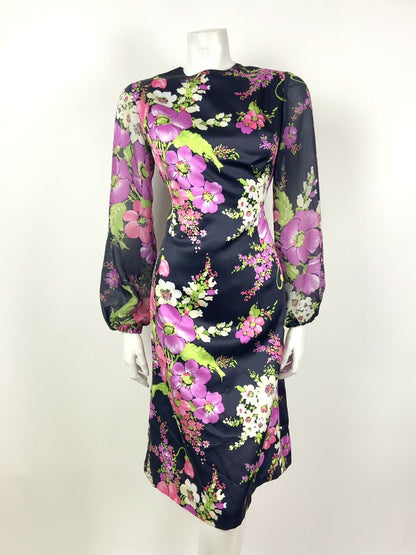 VINTAGE 60s 70s NAVY BLUE PURPLE PINK GREEN FLORAL PUFF SLEEVE DRESS 10 12