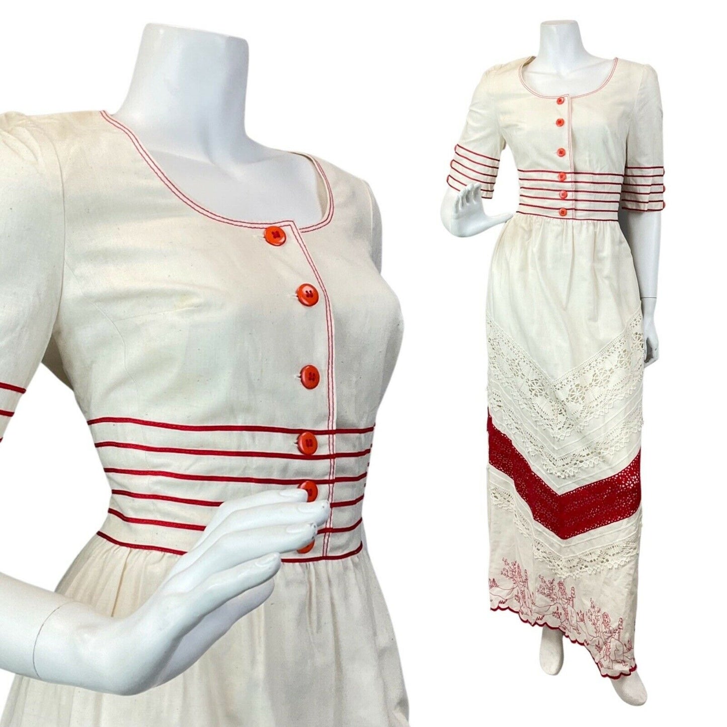 VINTAGE 60s 70s CREAM RED EMBROIDERED LACE STRIPED BOHO FOLK MAXI DRESS 10