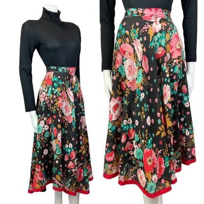 VINTAGE 70s BLACK RED GREEN FLORAL KNEE-LENGTH  SWING SKIRT 8