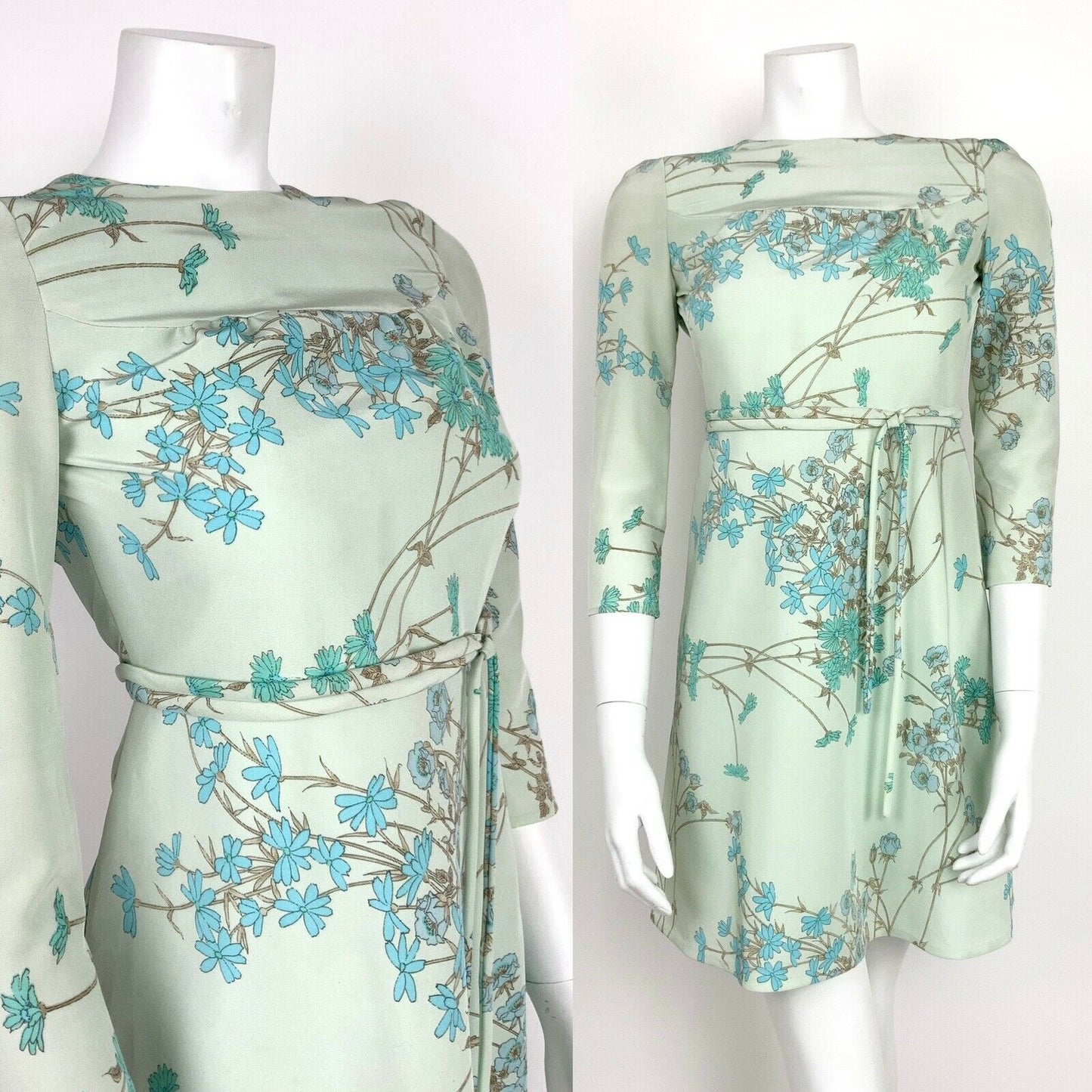 VINTAGE 60s MINT GREEN BLUE TEAL BEIGE METAL FLORAL SUMMER MINI DRESS 6