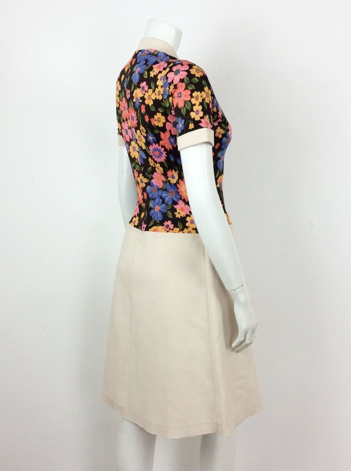 VINTAGE 60s 70s BEIGE PSYCHEDELIC BLACK ORANGE BLUE FLORAL DRESS 10 12