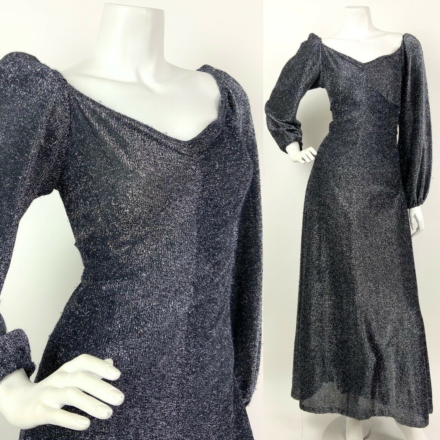 VTG 60s 70s BLACK SILVER GLITTER LUREX SWEETHEART DISCO GLAM MAXI DRESS 10