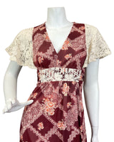 VINTAGE 60s 70s WINE RED CREAM CROCHETED FLORAL MANDALA BOHO MAXI DRESS 8