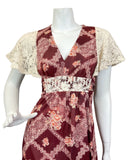 VINTAGE 60s 70s WINE RED CREAM CROCHETED FLORAL MANDALA BOHO MAXI DRESS 8