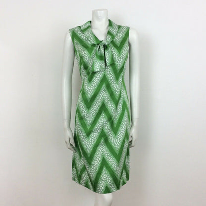 70S VINTAGE APPLE GREEN WHITE CHEVRON PUSSYBOW NECK DRESS 12 14