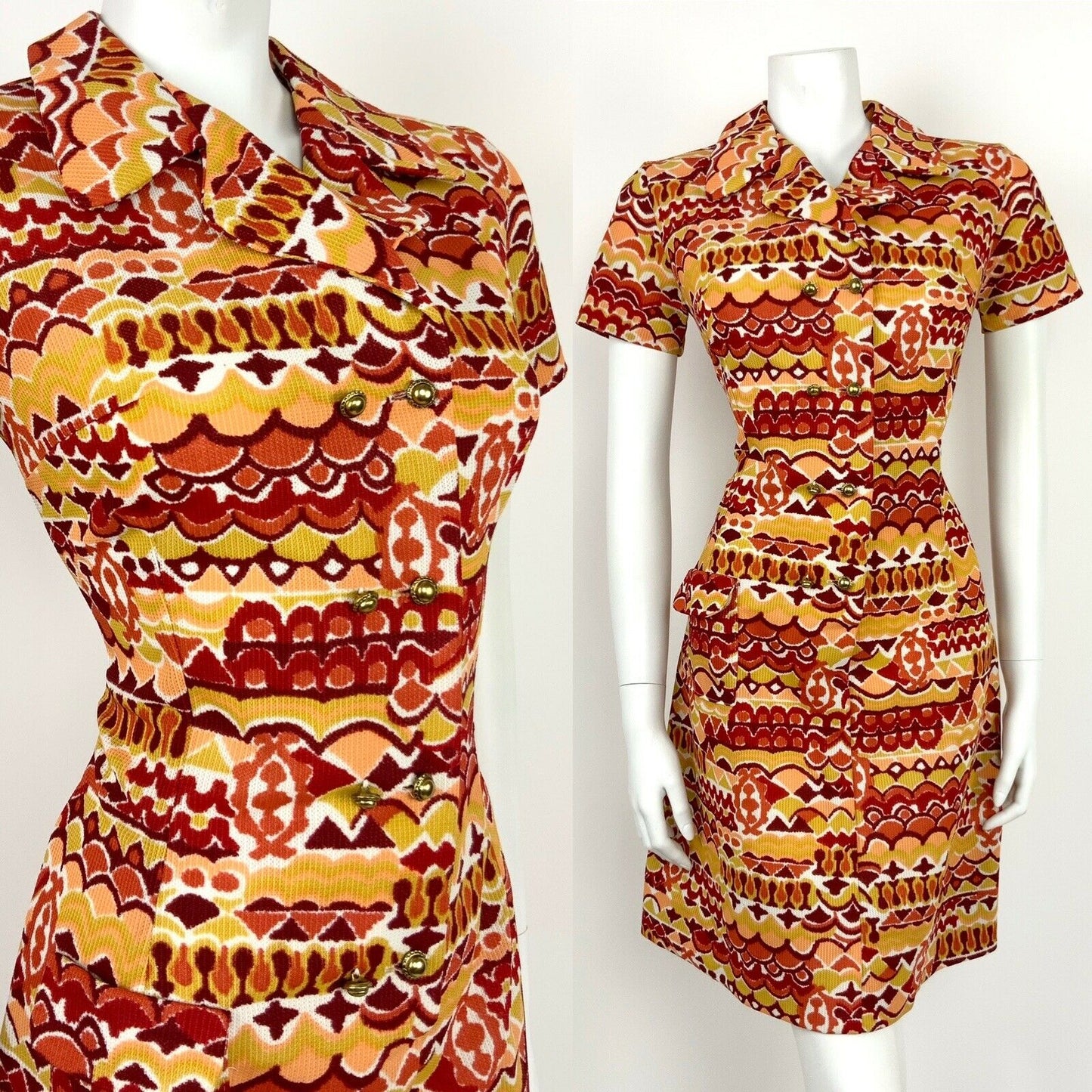 VINTAGE 60s 70s RED ORANGE YELLOW WHITE GOLD ABSTRACT PSYCHEDELIC SHIRT DRESS 12