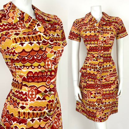 VINTAGE 60s 70s RED ORANGE YELLOW WHITE GOLD ABSTRACT PSYCHEDELIC SHIRT DRESS 12