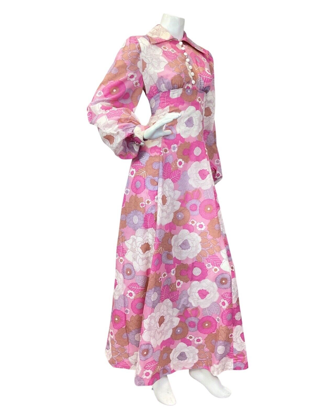 VINTAGE 60s 70s PINK PURPLE WHITE FLORAL PRAIRIE MOD WING COLLAR MAXI DRESS 8 10