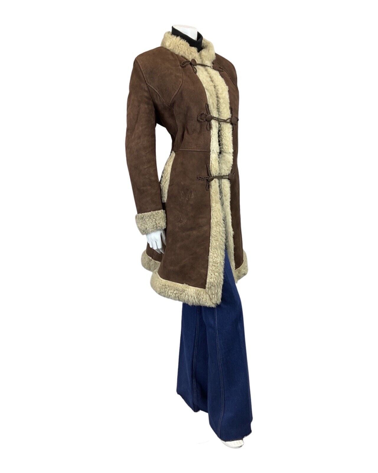 VINTAGE 60s 70s DAKR BROWN CREAM BROCADE SUEDE LEATHER LONG SHEARLING COAT 14