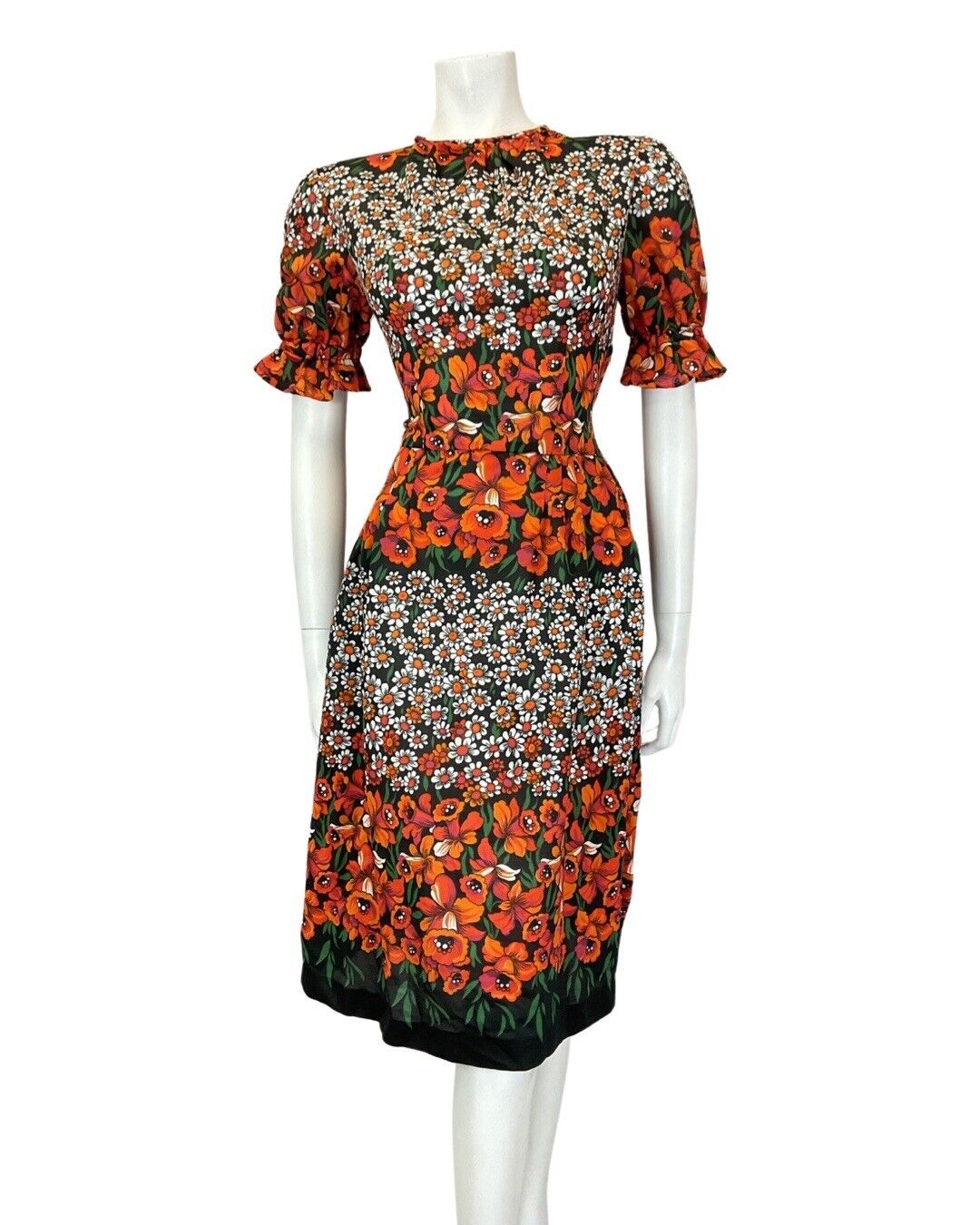 VINTAGE 60s 70s BLACK ORANGE GREEN FLORAL DAISY PUFF SLEEVE MIDI DRESS 8