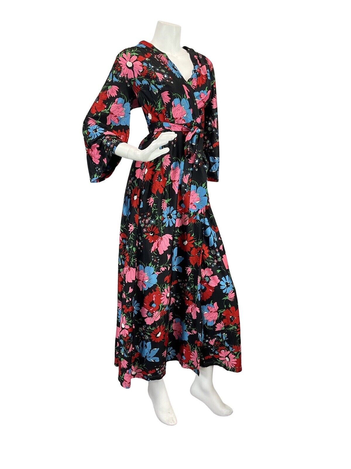 VINTAGE 60s 70s BLACK PINK BLUE FLORAL PSYCHEDELIC MOD WRAP MAXI DRESS 10 12