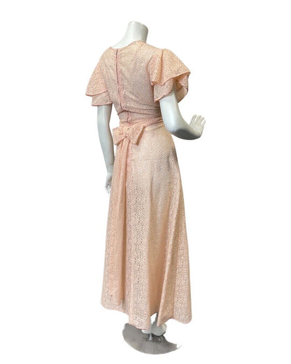 VINTAGE 60s 70s PINK PEACH EMBROIDERED FLORAL SHEER BOHO PRAIRIE MAXI DRESS 14