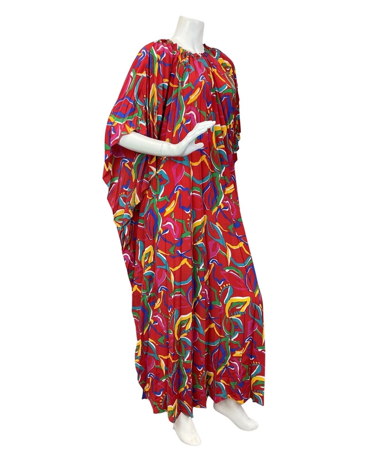 VINTAGE 60s 70s RED BLUE YELLOW ABSTRACT LEAFY PLEATED KAFTAN MAXI DRESS 12 14