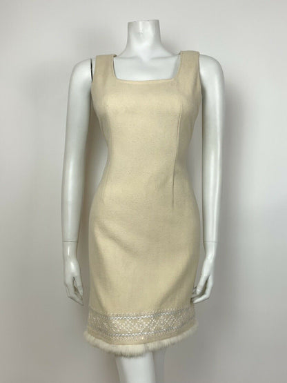 VINTAGE 60s 70s CREAM WHITE EMBROIDERED IRIDESCENT BEADING FUR TRIM DRESS 6 8