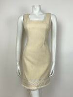 VINTAGE 60s 70s CREAM WHITE EMBROIDERED IRIDESCENT BEADING FUR TRIM DRESS 6 8