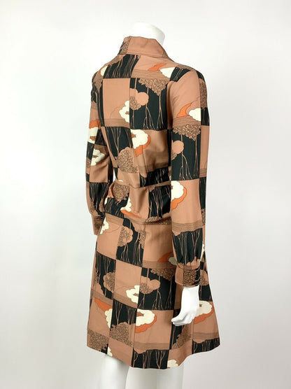 VINTAGE 60s 70s BROWN BLACK WHITE ORANGE TREE LEAF SQUARE DAGGER SHIRT DRESS 14