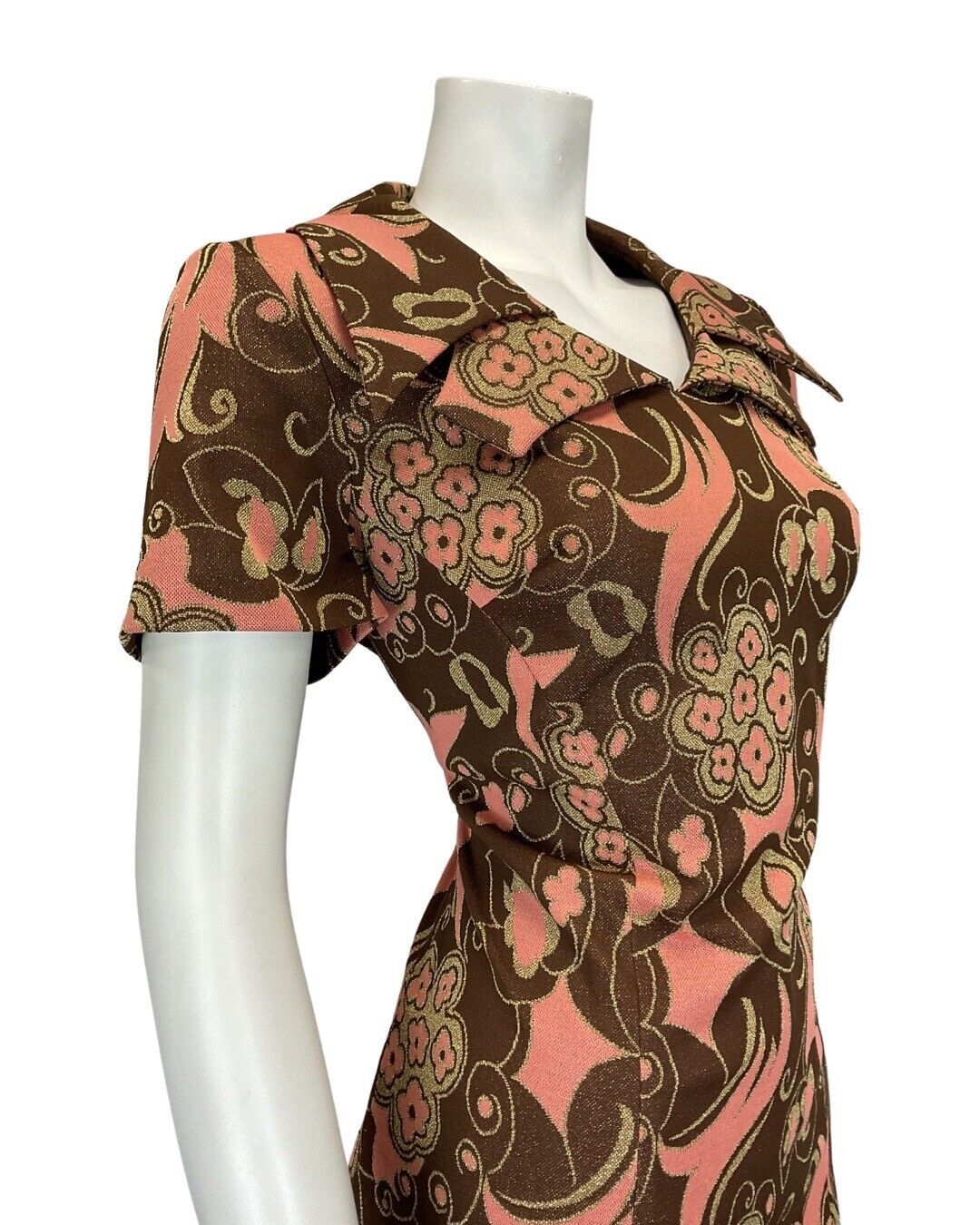 VTG 60s 70s BROWN PINK GOLD PSYCHEDELIC FLORAL MOD WING COLLAR SHIRT DRESS 12 14