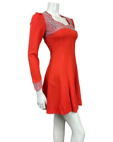 VINTAGE 60s 70s BRIGHT RED SILVER LUREX FLOWER MOD SKATER FIT & FLARE DRESS 6 8