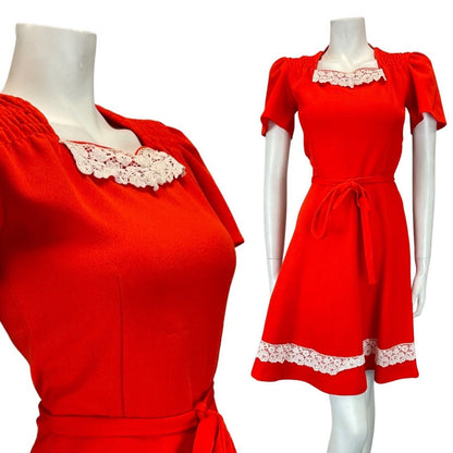 VINTAGE 60s 70s PILLARBOX RED WHITE LACE BELTED MOD FIT AND FLARE DRESS 8