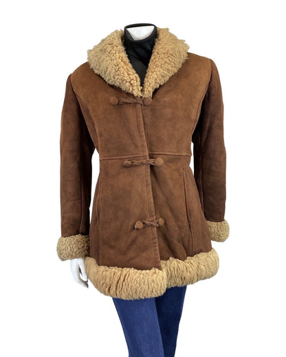 VINTAGE 60s 70s WARM BROWN CREAM SUEDE LEATHER BOHO SHEARLING SHORT COAT 12